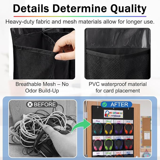 AmazingSpark 16 Pockets Classroom Headphone Storage Thickened Non-woven Fabric Mesh Pocket Chart over The Door Hanging Cell Phone Organizer with Signed Card for Back to School Library Classroom,Black