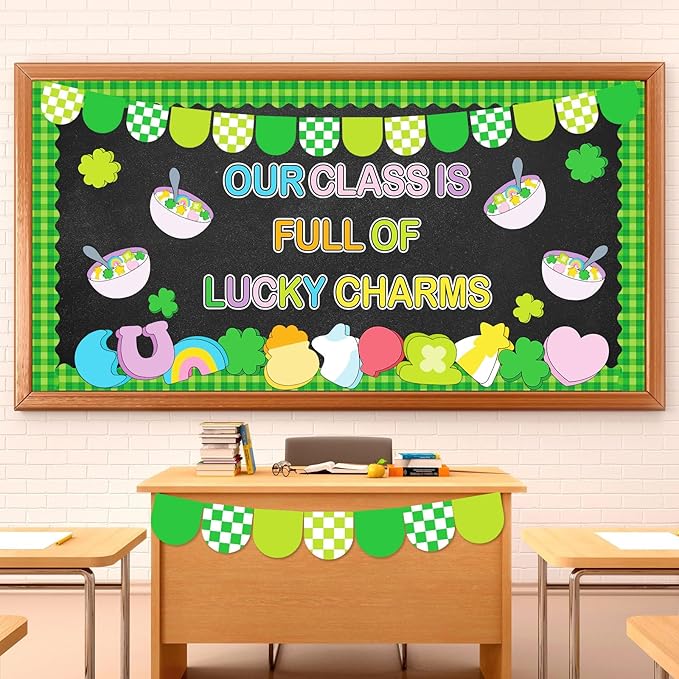 Whaline 87 Pcs St. Patrick's Day Bulletin Board Decoration Lucky Charm Funny Cartoon Shamrock Clover Paper Cutouts with 200 Pcs Glue Points for Irish Party Classroom Wall Decor