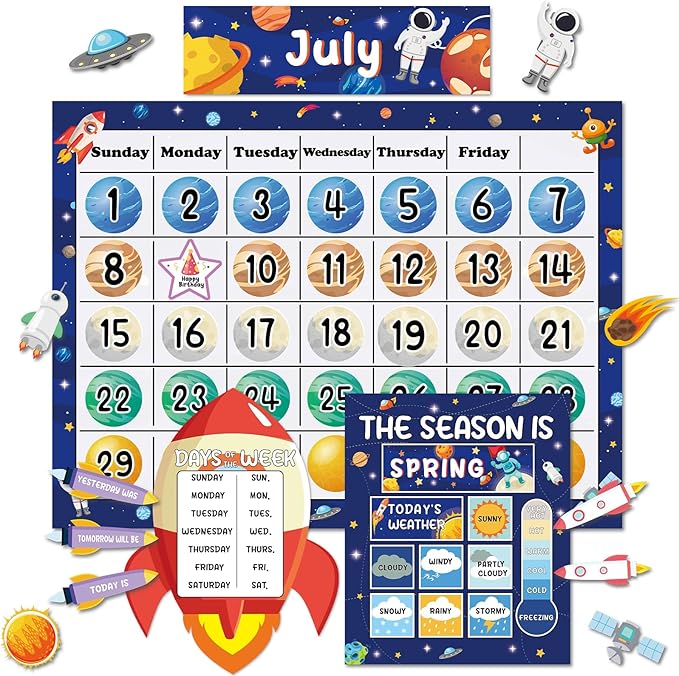 Space Calendar Bulletin Board Set for Classroom Decoration Outer Space Calendar Seasons Weather Chart Rocket Astronaut CTP Bulletin Board Paper-Cuts for Teachers Elementary School Classroom
