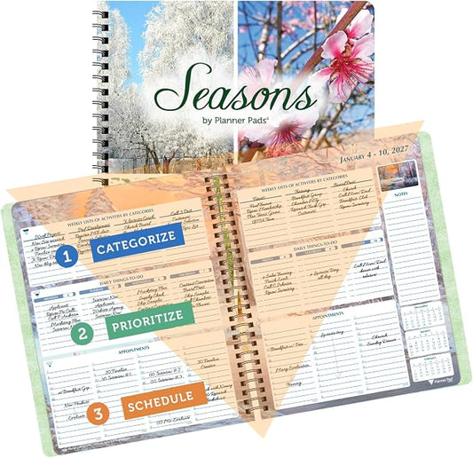 Planner Pad Spiral Bound January-December 2027/ Calender Year 6 3/4" x 8 1/2" Medium 3-Tier Funnel Down 12 Month Organizer, Seasonal Color Ink