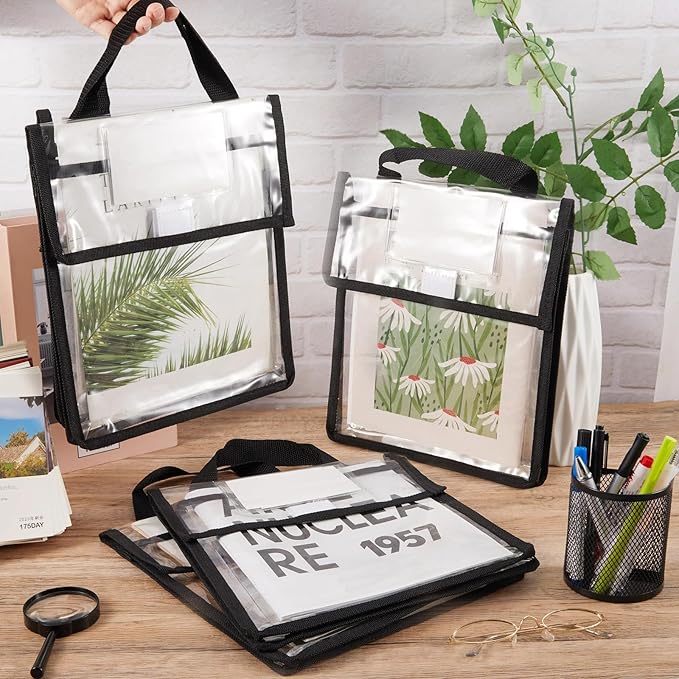 Teling 24 Pack Thick Clear Book Pouches with Blank Name Tags and Handles Book Baggies Bags Bins Organizer for School Classroom Library Pockets Students (10 x 12 Inch,Black)