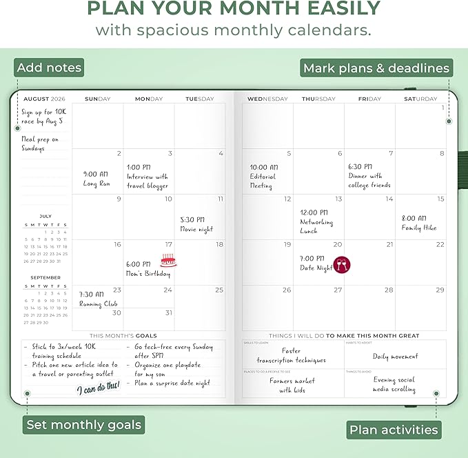 Clever Fox Dated Hourly Weekly Planner 2026 – Daily, Monthly & Yearly Agenda Organizer with Time Slots – Hardcover Journal, A5 Size (Forest Green)