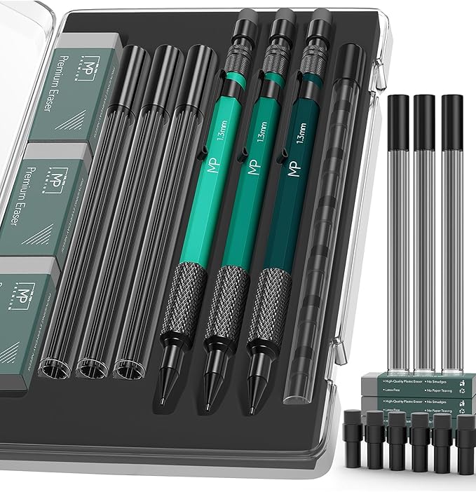 Mr. Pen- Metal Mechanical Pencil Set with Lead Refills & Erasers, 3 Pack, 1.3 mm, 3x Lead & 6x Eraser Refills, 3x Premium Erasers, Ideal for Precision Drawing Pencils for Sketching & Technical Artwork