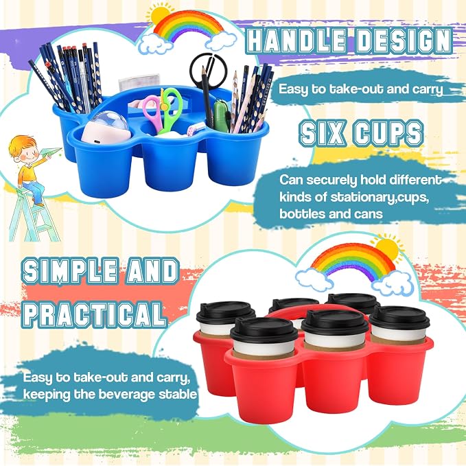 Haundry 6 Pack Classroom Caddy Storage Basket with Handle, Plastic Drink Cup Caddy Holder, 6 Compartments for Kids, Table, Office, Arts, Crafts, Crayon, Marker, Pencil, School Supplies