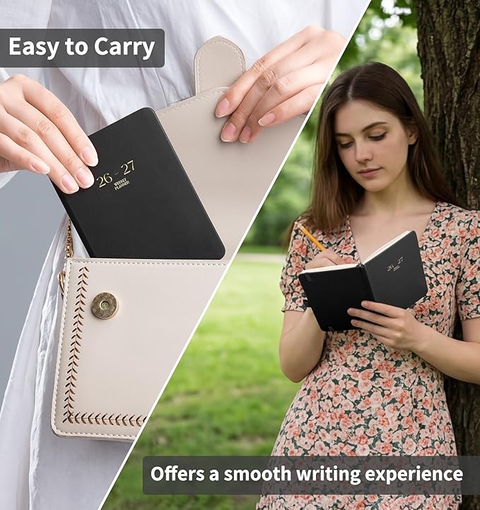 EMSHOI Pocket Calendar 2026-2027, Small Mini Academic Planner Weekly and Monthly, July 2026-June 2027, School Student Teacher Agenda, Leather Hardcover, 100GSM Paper, Tabs, A6 4.3"x6", Black