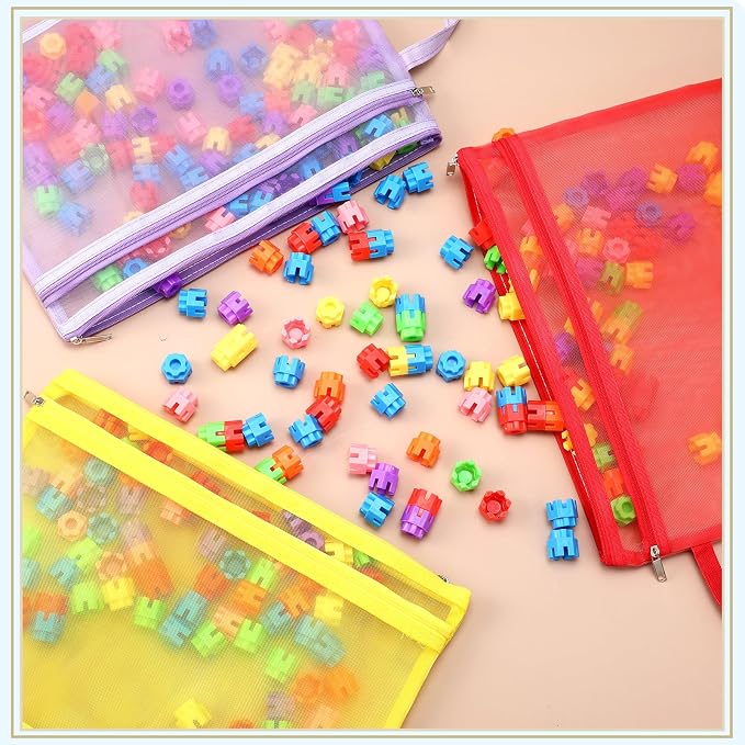 Marspark 25 Pack Colored Mesh Zipper Pouch Bags Double Layer Nylon Puzzle Bags A4 Zipper Pouch with Handle for Toy Organizer Storage School Office (Purple, Blue, Watermelon Red, Yellow, Rose Red)