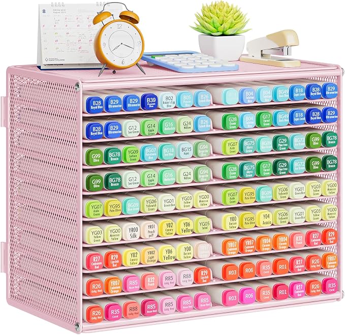 Marbrasse Mesh Marker Organizer, Metal Desktop Storage Rack for 126 Markers, Pens, Pencils, 9 Tier Marker Holder for Office Classroom & Home Art Supplies(Pink)