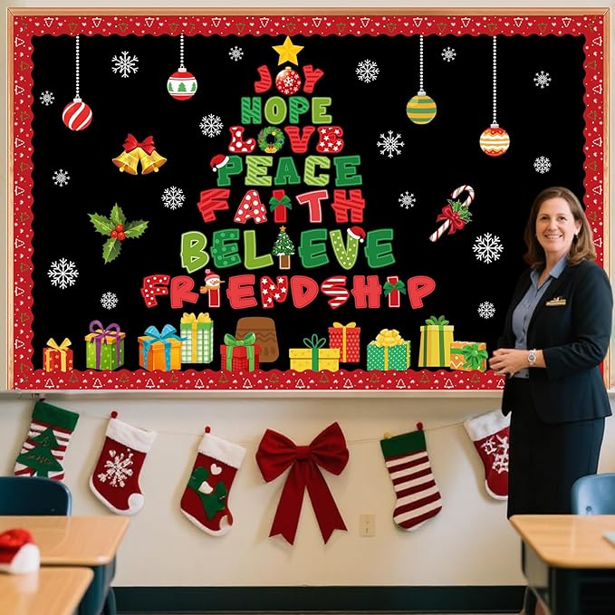 Funrous 93 Pcs Christmas Bulletin Board Decoration Set Xmas Tree Classroom Bulletin Board Decor Christmas Paper Cutouts with Borders for Xmas Winter Holiday Party School Classroom Wall Decorations