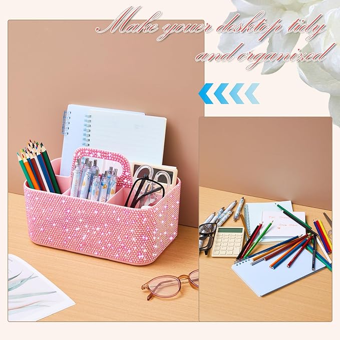 Marspark Bling Makeup Caddy Organizer with Handle, Sparkly Art Craft Holder, Glitter Bathroom Hair Caddy, Shimmer Pen Pencil Holder for Women Desk Organizer, Bling Gifts for Women(Pink,AB Diamond)