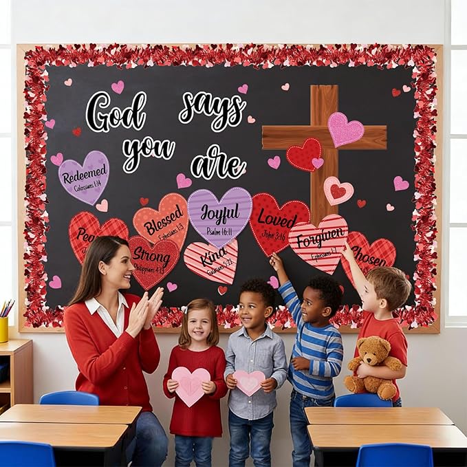 Pasimy Religious Valentine's Day Bulletin Board Set 3D Valentines Christian Classroom Decorations Bible Verse Cross God Says You are Bulletin Board Cutouts for Church Library Sunday School Supplies