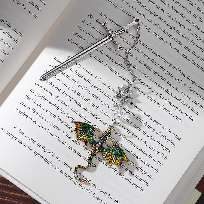 Vintage Green Dragon Bookmark with Sword and Fourth Wing Tassel Metal Pendant, Bookmarks for Reading Women, Men, Book Lovers, Teachers and Students, Christmas Birthday Gifts