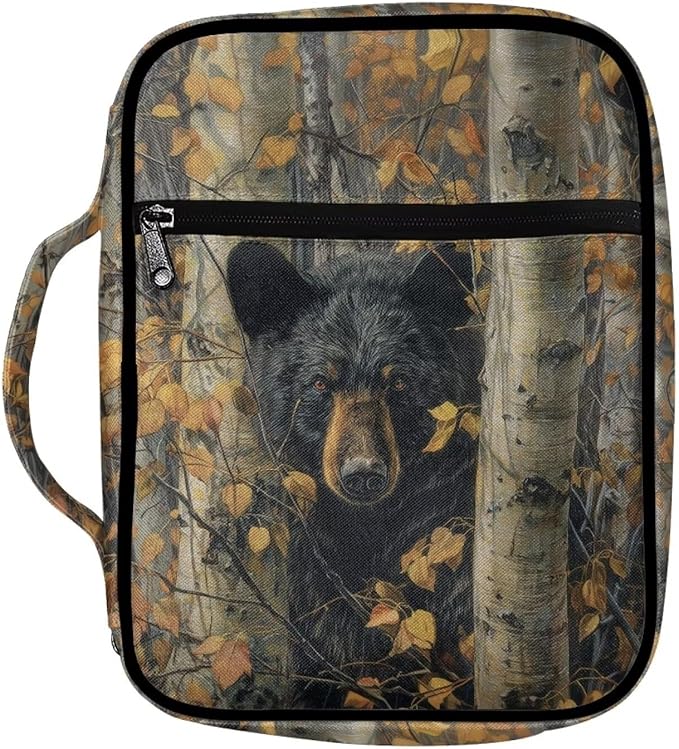 Suobstales Bear Hunting Camo Print Bible Covers for Women Men Lightweight Bible Accessories with Handle and Zippered Pocket Bible Tote Bag for Kids