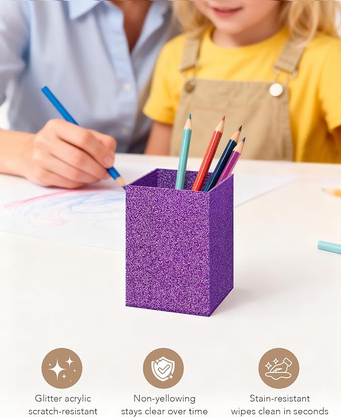 Purple Glitter Acrylic Pen Holder, Acrylic Makeup Brush Storage Organizer, Pencil Pen Holder for Desk, Modern Desktop Accessories for Office School Home Supplies