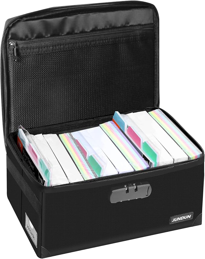 JUNDUN Index Card Holder with Lock,Collapsible Fireproof Index Card Box fits 1200 5x8-Inch Flash Cards - Business, Recipe, or Note Card Storage Boxes - Black
