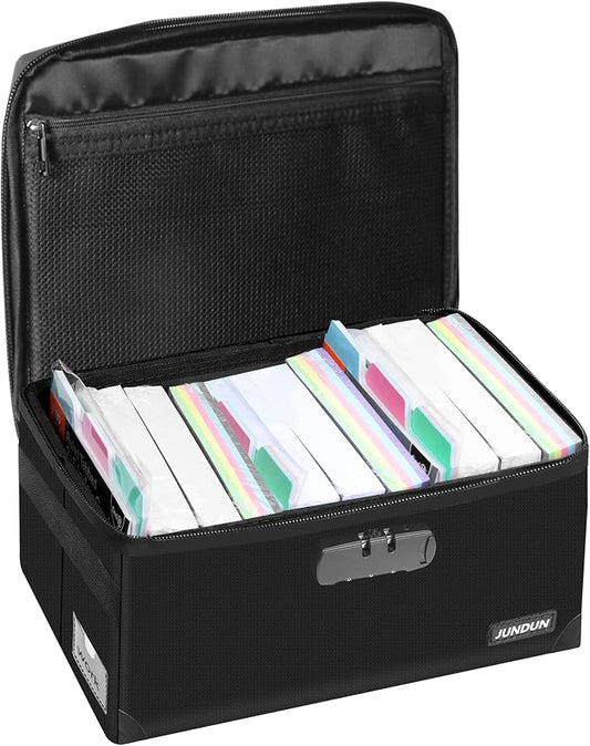 JUNDUN Index Card Holder with Lock,Collapsible Fireproof Index Card Box fits 1200 5x8-Inch Flash Cards - Business, Recipe, or Note Card Storage Boxes - Black
