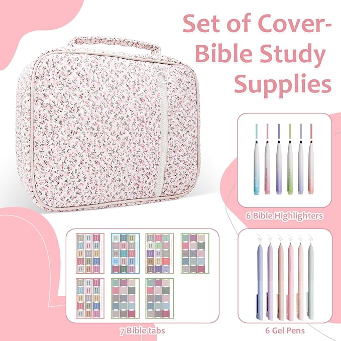 Bible Cover Case For Women,Large Bible Bag with Study Supplies,Quilted Bible Carrying Case for Girls,Portable Bible Case with Highlighter, Pens,Tabs,Bible Study Gifts for Women