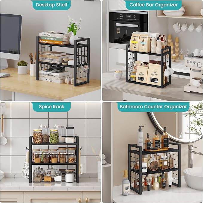 ELITEROO Desk Shelf Organizer, 2 Tier Desktop Bookshelf for Top of Desk Organization, Adjustable Wooden Storage Rack, Table Top Display Shelf for Home Office, Bedroom, Black