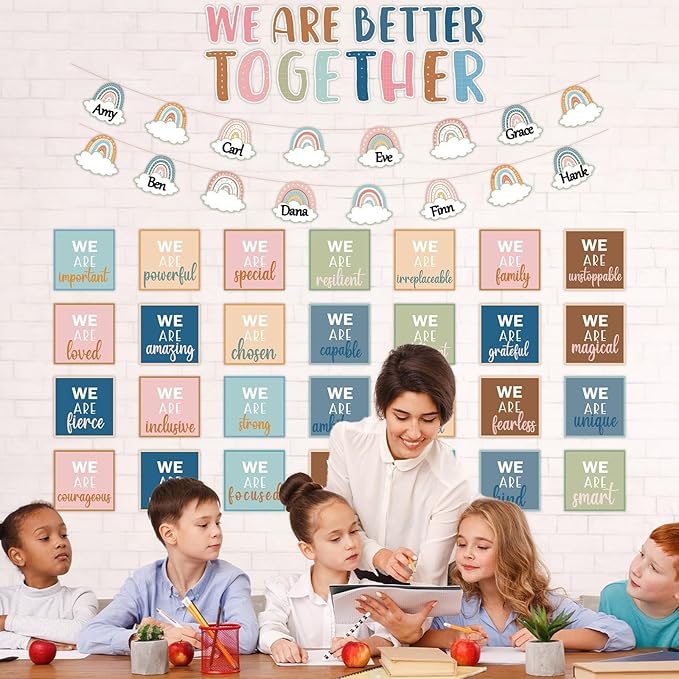 QOUBAI Boho Affirmation Station Bulletin Board Set Motivational Together We are Better Bulletin Board Inspirational Positive Sayings Cutouts Classroom Decor for Back to School Decor Wall Door