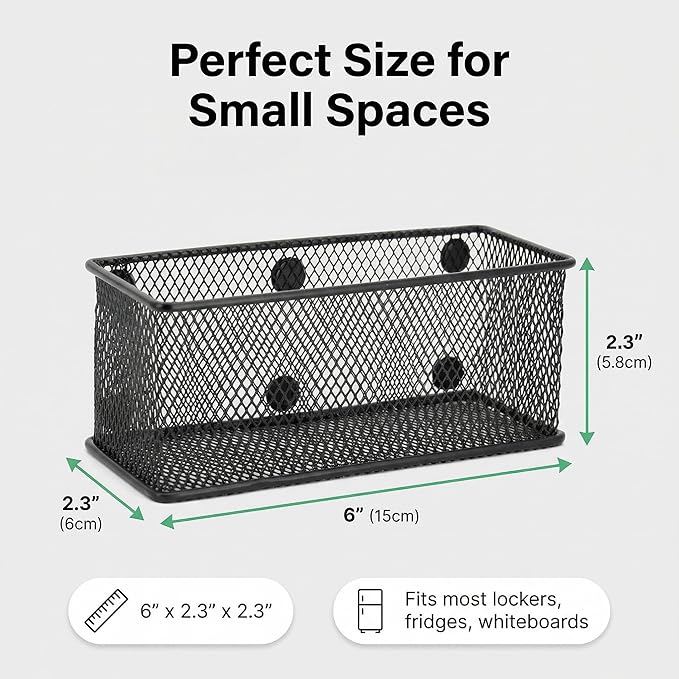 Neudeco Magnetic Locker Organizer and Accessories, Wire Mesh Magnetic Storage Basket, Magnetic Holder for Dry Erase Markers, Strong Magnet Pen Holder for Fridge School, Pack of 3, Black