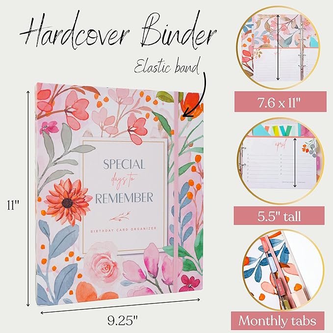 Paper 'n Such Greeting Card Organizer with 27 Pockets - Hardcover - Floral Birthday Book - Perpetual Calendar and Dates to Remember - Christmas, Holidays, Anniversary Reminders - Card Keeper