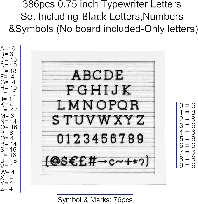 Felt Letter Board Letters Set - Pre-cut 0.75inch Black Typewriter Letters 386pcs with Canvas Bag (No Board Included)