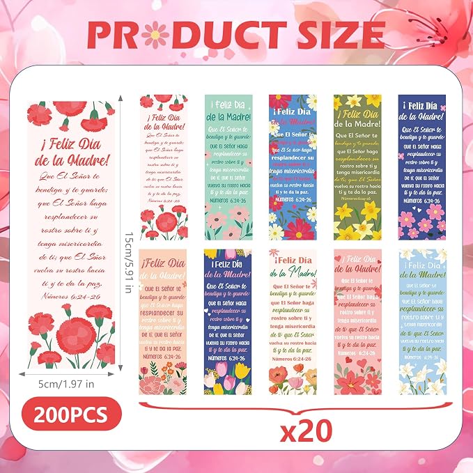 200 Pcs Mother's Day Bookmarks, Spanish Religious Bible Verse Bulk Paper Bookmark Church Gifts for Mom, Christian Inspirational Quotes Book Mark Gift for Women Mama Reading Lover