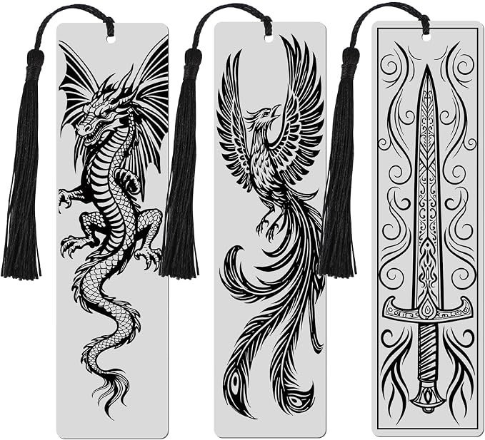 Resurhang Set of 3 Stainless Steel Bookmarks 5.9 x 1.6 Inches Featuring Dragon Phoenix and Sword Fantasy Metal Bookmark Book Accessories for Men Women Friends Book Lovers Birthday Graduation Gift
