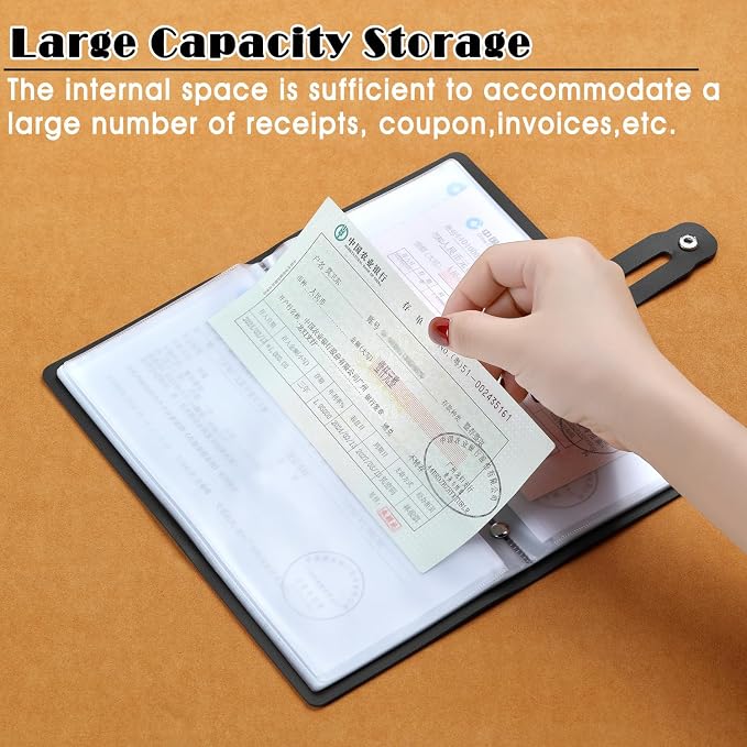 Leather Receipt Organizer, Portable Receipt Holder for Travel, Daily Coupon Organizer with 20 Pockets and 12 Card Slots to Keep Receipts and Coupons Organized, Prevent Loss and Damage (Black)