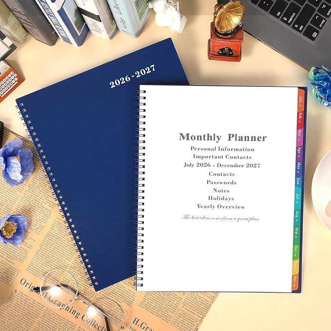 2026-2027 Monthly Planner - Planner/Calendar 2026-2027, JUL 2026 - DEC 2027, 9" x 11", 18 Monthly Planners with Tabs, Pocket, Label, Contacts and Passwords, Twin-Wire Binding- Navy Blue