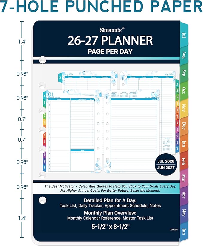 Planner Refills - 2026-2027 Planner Refills, July 2026 - June 2027, 2 Pages Per Day Daily ＆ Monthly Planners, A5 Planners Inserts, 5.51" x 8.38", Daily Tracker, 7-Hole Punched