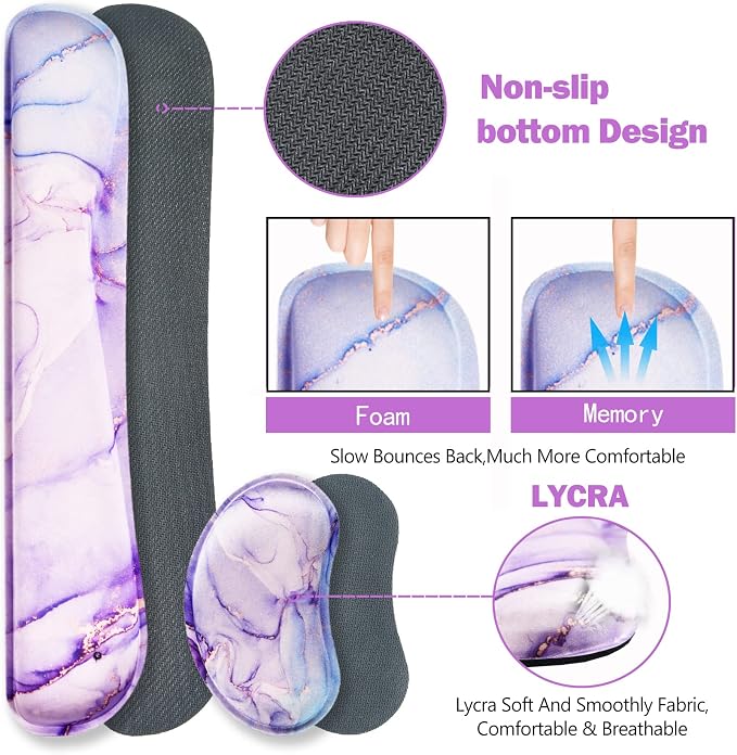 ARTSO Large Gaming Mouse Pad, Keyboard Wrist Rest Pad & Wrist Support Mousepad Set, Stitched Edge, Extended, Non-Slip Base, Memory Foam,Multifunctional Desk Mat for Office & Home, Purple Blue Marble