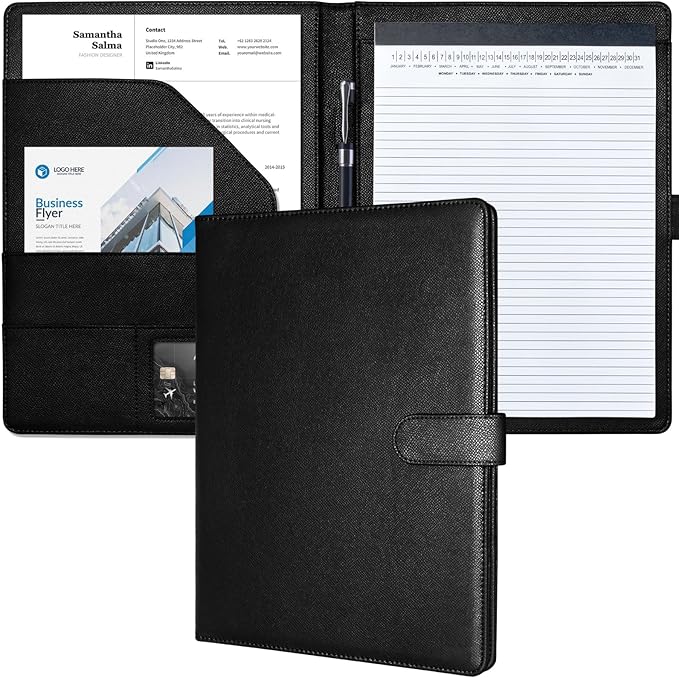 Mymazn Padfolio Portfolio Folder, Faux Leather Interview Resume Folder with Document Organizer & Business Card Holder, Letter-Sized Notepad Legal Pad Holder for Men Women (Black)