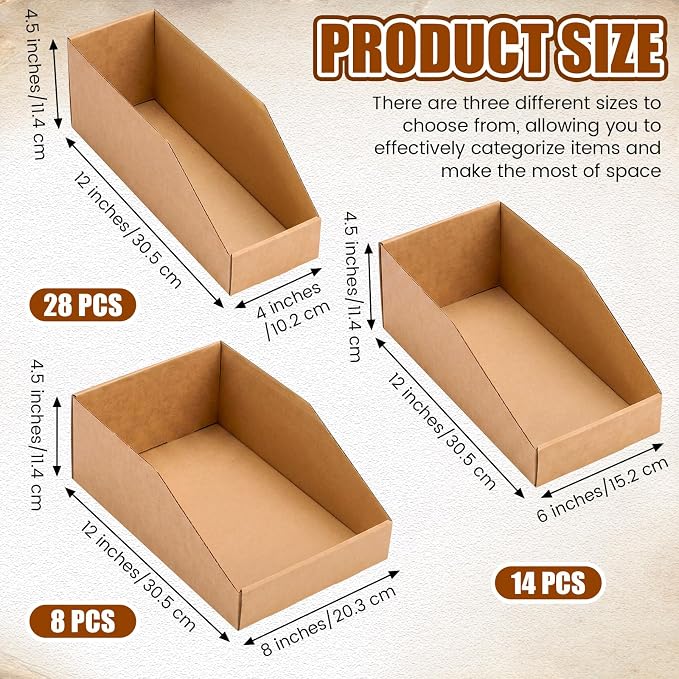50 Pack Cardboard Storage Bins Assorted Sizes, Cardboard Boxes, 28 Pack 12x4x4.5, 14 Pcs 12x6x4.5, 8 Pcs 12x8x4.5 Corrugated Organizer Bins for Pantry, Shelves, Garage, Office, Shop