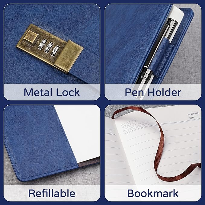 WEMATE Diary with Lock, A5 PU Leather Journal with Lock 240 Pages, Vintage Locks Journal Password Notebook with Pen, Locks Diary Planner Organizer for Men and Women, 8.6x5.8in Blue