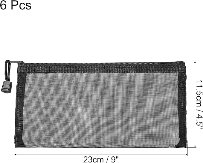 MECCANIXITY Mesh Zipper Bags, B6 Nylon Zip Pouch Pencil Case Storage Pockets for Travel Office Accessories, Black Pack of 6