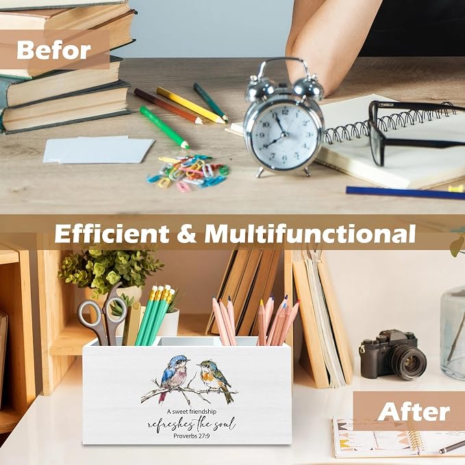 DILSJ Christian Bird Pen Pencil Holder Organizer for Desk, Christian Friendship Gifts for Women, A Sweet Friendship Refreshes the Soul Wooden Box Signs for Home Office Desk Decoration Supplies