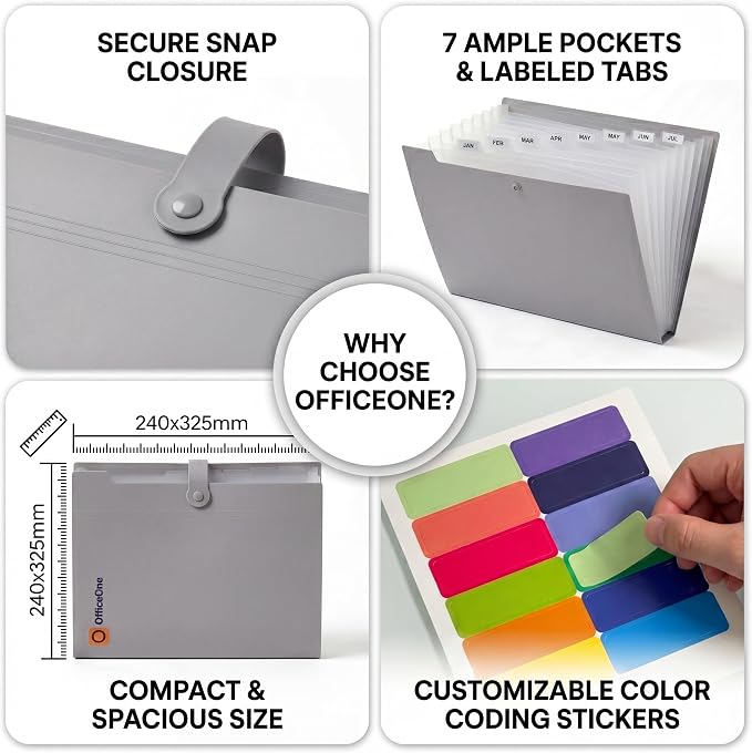 OfficeOne 8-Pocket Expanding File Folder, A4 Letter Size Accordion Document Organizer with Snap Closure, Labeled Tabs & Customizable Color-Coding Stickers, Home Office School (Stone Gray)