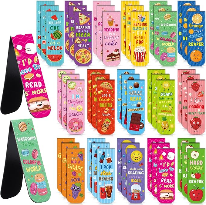 Pasimy 48 Pieces Cute Magnetic Bookmarks Fruit Food Theme Book Marks Bulk Encouraging Sayings Magnetic Bookmarks for Students Teachers School Home Office Reading Supplies