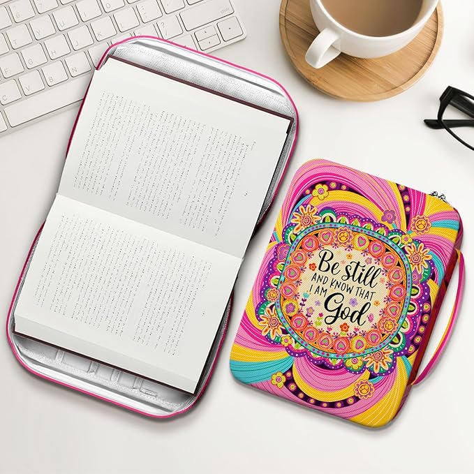 Be Still Bible Cover for Women Girls, Inspirational Bible Case with Handle and Zipper Pocket, Colorful Floral Canvas Bible Bag, Fits Standard Size Bible, Christian Gift for Faith