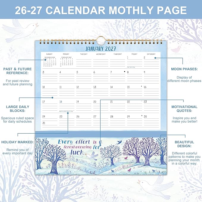 Wall Calendar 2026-2027 - Jul 2026 - Dec. 2027, 18 Monthly Calendar 2026-2027 with Pockets, 12" x 12", with Ample Ruled Space, Holidays, 2-Sided Pockets, 12 Seasonal Calendar, Great for Home & Office
