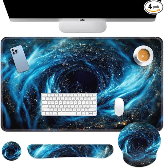Britimes Blue Black Galaxy Keyboard Mouse Pad Set Desk Ma Space Abstract 4in1 Large Mousepad+Keyboard Wrist Rest+Mouse Wrist Rest+Coaster Ergonomic Design for Home Office Computer 35.4x15.7 inches