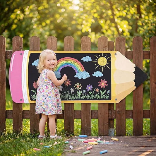 MotiMind 1 Pcs Giant Outdoor Chalkboard for Kids Suitable Indoor and Outdoor Use, Weatherproof Large Black Chalkboard Panels for Wall Back to School Decorations (Large Pencil)
