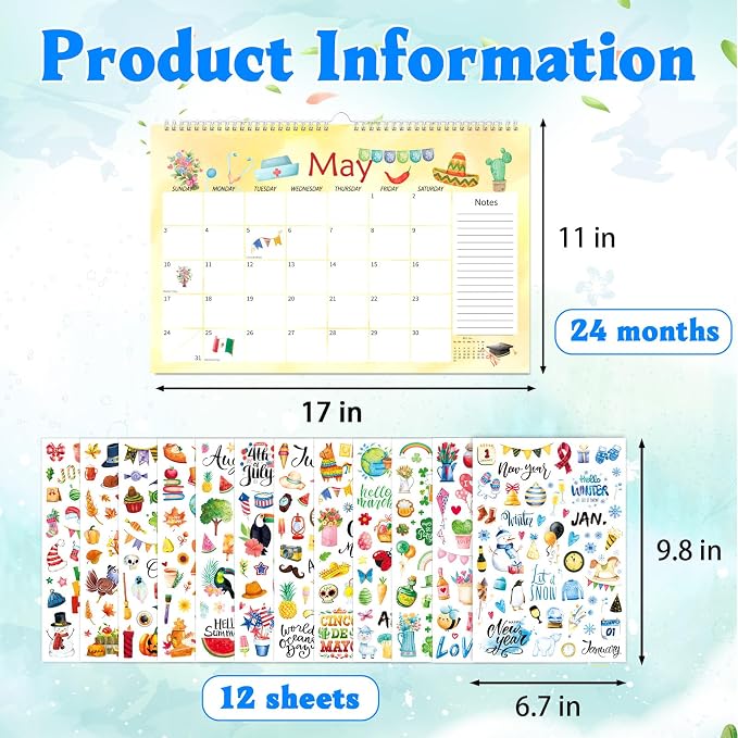 Watercolor Desk Calendar 2025-2026 with Seasonal Monthly Holiday Planner Stickers24 Months Large Deskpad Calendar 17x11"