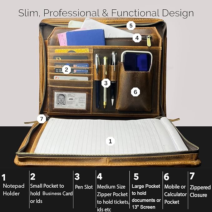 Leather Portfolio for Men - Full Grain Leather Padfolio Folder - Zipper Folio Documents Organizer - Professional Business Executive Gift for Men Women