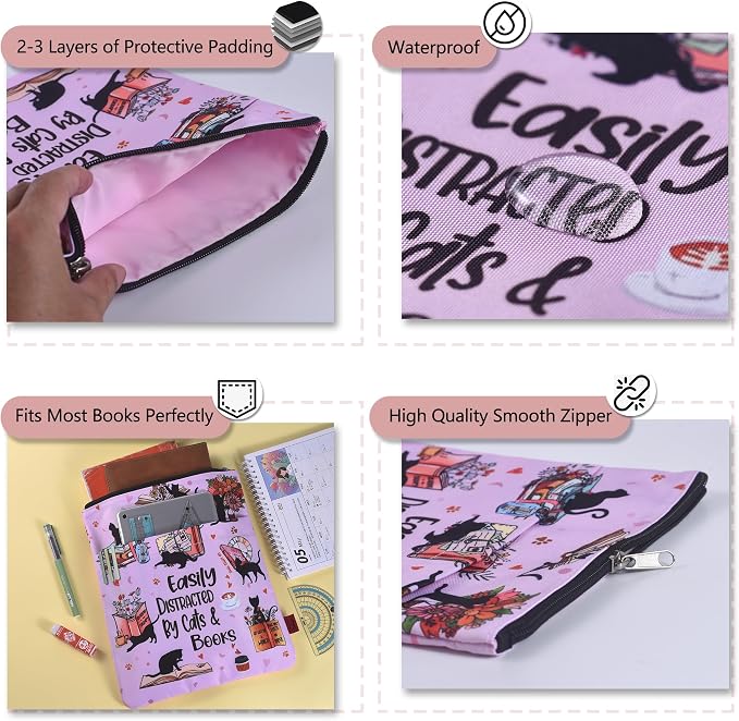 Cat Lover Book Sleeve with Zipper - 11x8.5 Inch Waterproof Book Protector, Washable Fabric Sleeve for Paperbacks & Hardcovers, Perfect Gift for Readers