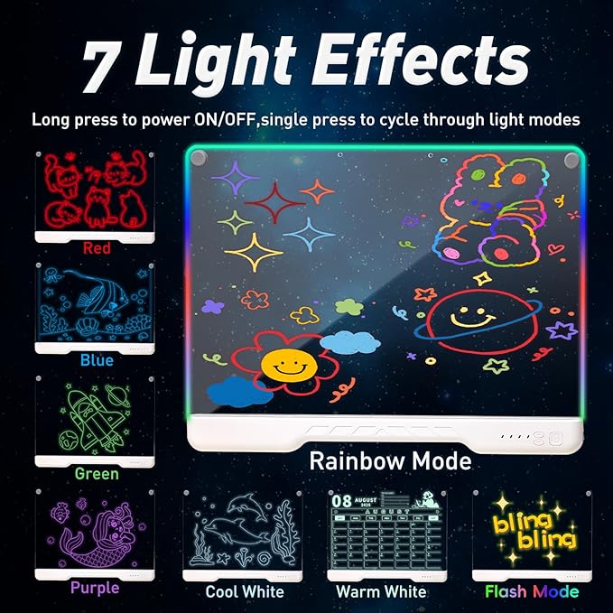 Rechargeable Led Drawing Board for Kids, 16.7" Portable Doodle Glow LED Note Board with 7 Colors, DIY Neon Art Dry Erase Light Up Drawing Pad, Perfect Christmas & Birthday Gifts for Girls Boys