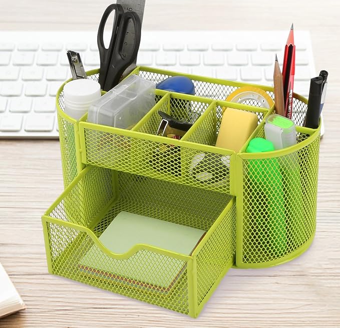 GPCT Office School Home/Teacher Supplies Mesh Desk Pen Organizer. Comes W/ 4 Pencil Cups For Highlighters/Pens/Sharpie, 4 Square Compartments For Paper Clips/Sticky Notes & 1 Supply Drawer- Green