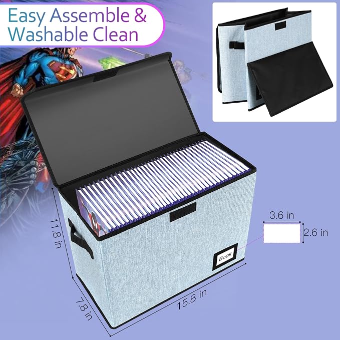2 Pack Comic Book Storage Box, Comic Protector Organizer, 15.8" X 7.8" X 11.8", Collapsible Comic Short Box, Holds 160-180 Comic Book Container Holder Shelf Bin (Blue)
