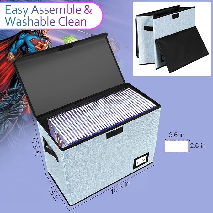 5 Pack Comic Book Storage Boxes, 15.8" X 7.8" X 11.8", Collapsible Comic Short Box, Holds 160-180 Collection Comic Book Container Holder Shelf Protector Organizer Bin (Blue)