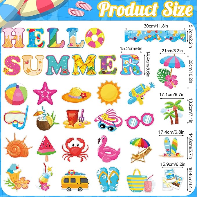 71 Pcs Hello Summer Bulletin Board Set Hawaiian Beach Slippers Sun DIY Borders Bulletin Trim Home School Hawaiian Tropical Party Supplies for Back to School Classroom Chalkboard Wall Door Decor